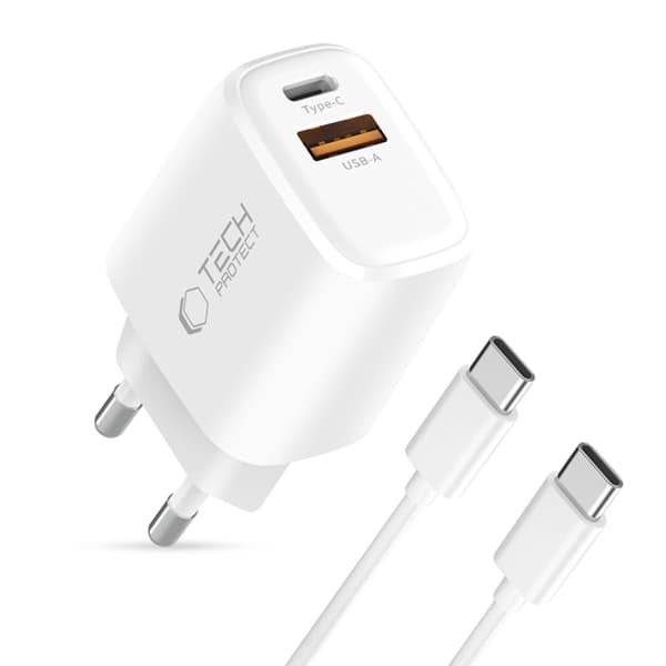 Tech-Protect 2-Port hurtigoplader 45W QC3.0 NCA45W-GAN med kabel Vit