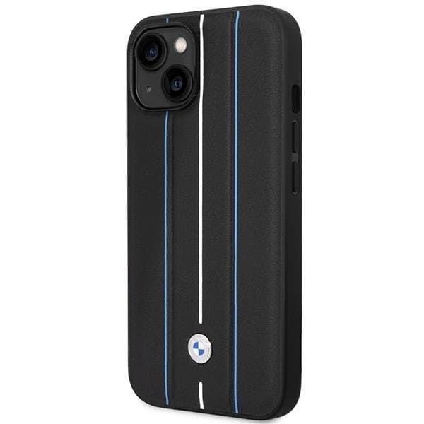 BMW telefontaske til iPhone 14 læderstempel blå linjer - sort Black
