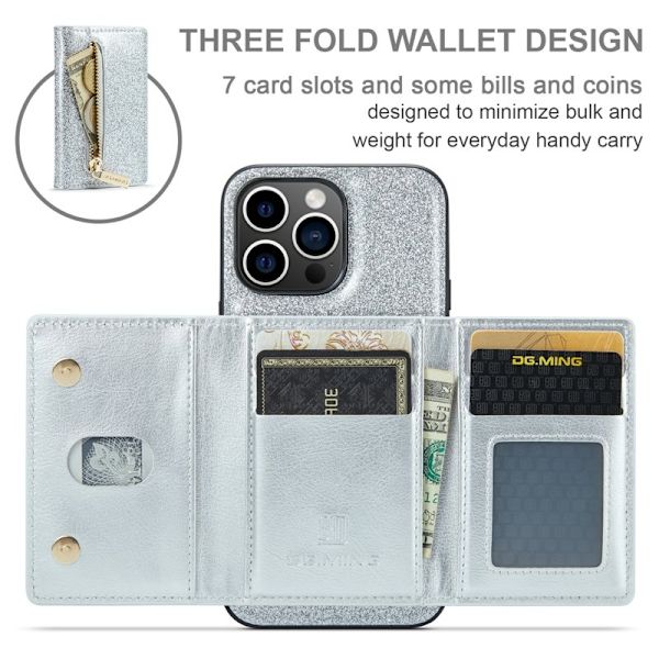 DG.MING M3 Series iPhone 15 Pro Max Konstläder Plånboksfodral Glitter Silver