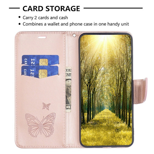 iPhone 14 Plus Plånboksfodral Butterfly Imprinted - Rosa Guld Roséguld