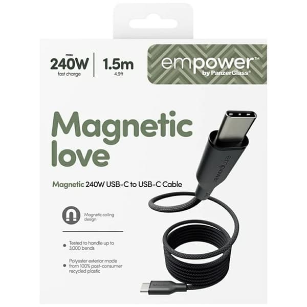 Empower by PanzerGlass USB-C til USB-C 240W Kabel Magnetisk 1.5m Racing - Sort Svart