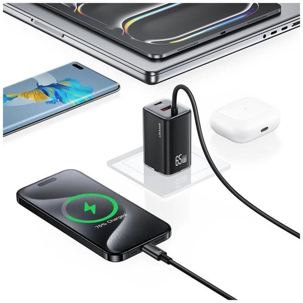 USAMS Snabbladdare 65W 2xUSB-C 1xUSB-A GaN JC - Svart Svart