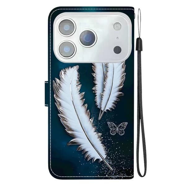 iPhone 17 Pro Max Plånboksfodral Med Lanyard - Butterfly Feather Vit