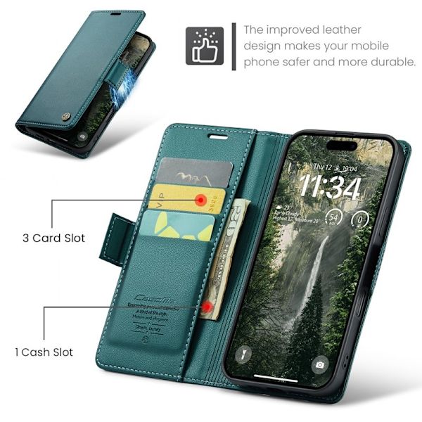 CASEME iPhone 16 Plånboksfodral Konstläder RFID-Skydd Grön