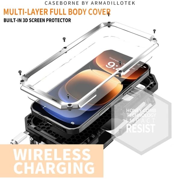 R-JUST Mobilskal till iPhone 16 Pro Max Kickstand Silicone Metall PC Silver