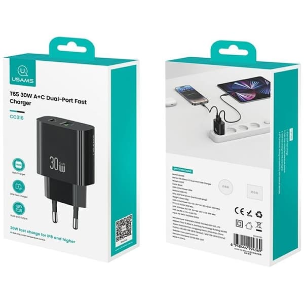 USAMS Snabbladdare 30W 1xUSB-C 1xUSB-A CC316 - Svart Svart