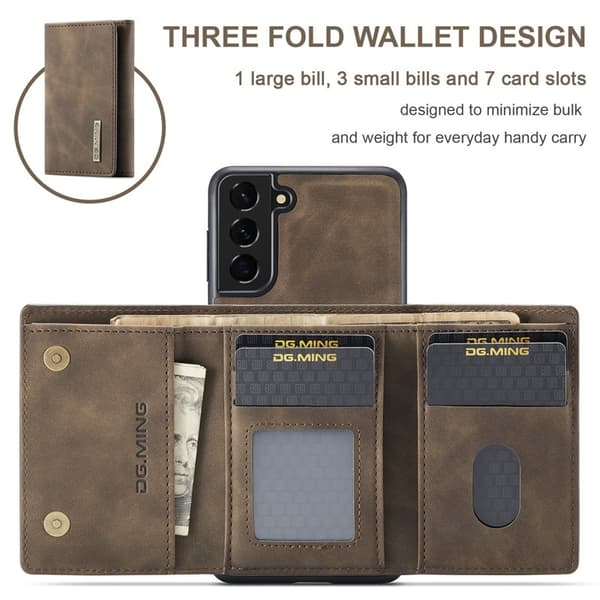 DG.MING M1 Series Plånboksfodral Konstläder för Samsung Galaxy S21 5G - Brun