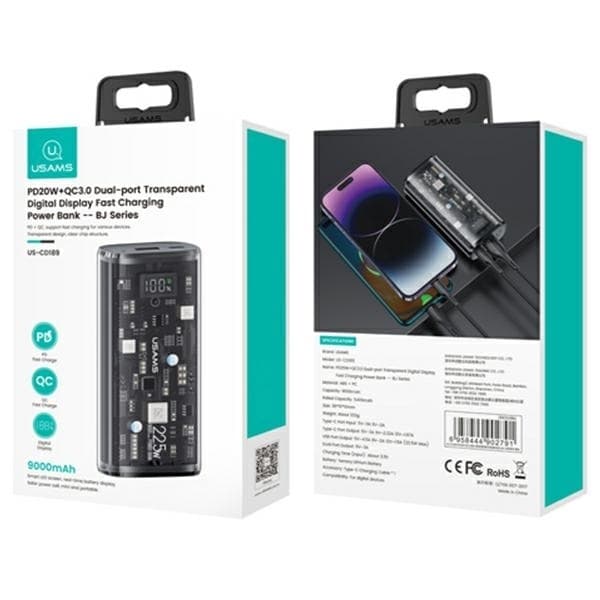 USAMS Strømbank 9000mAh 20W PD QC 3.0 - Sort