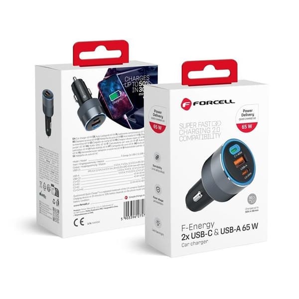 Forcell 65W Billaddare 2xUSB-C 1xUSB-A F-Energy - Svart Black