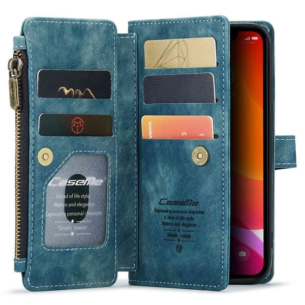 CASEME Konstläder Plånboksfodral för iPhone 12/12 Pro med rem - Blå