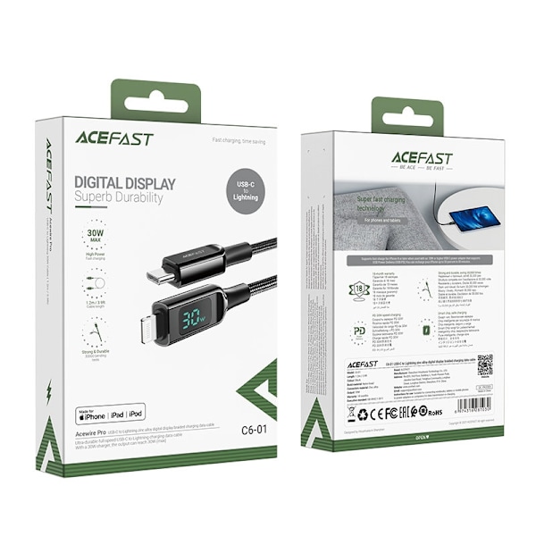 Acefast MFI USB USB-C till Lightning kabel 30W 1.2m - Svart Svart