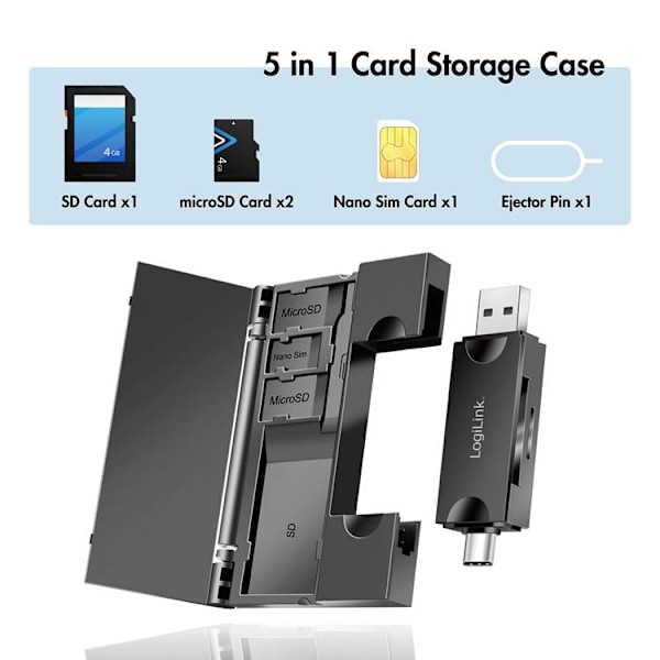 Logilink Minneskortsläsare USB-C Med USB-A MicroSDoch SD-kord Svart