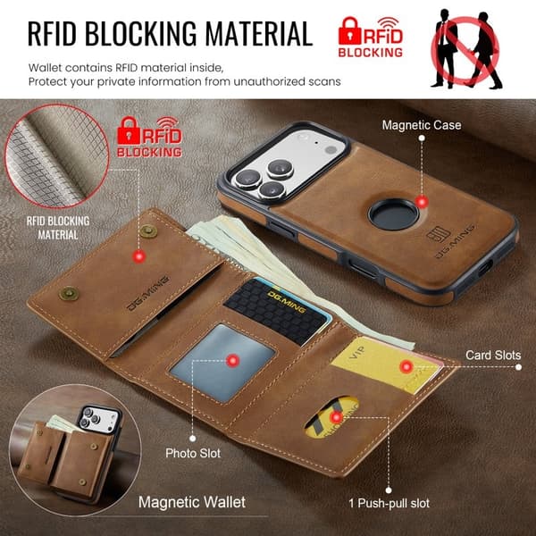 DG.MING M6 Series Mobilskal till iPhone 17 Pro Magnetiskt Plånboksfodral Brun