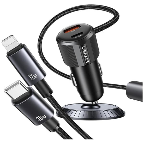 USAMS Billaddare 66W 1xUSB-A 1xUSB-C Med USB-C/Lightning Kabel Svart