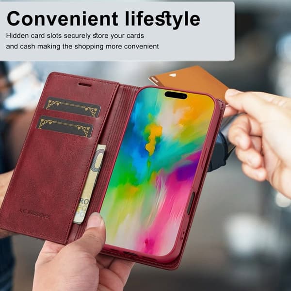 LC.IMEEKE iPhone 16 Plånboksfodral Konstläder - RFID, Kortfack - Röd