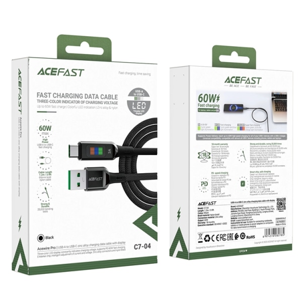 Acefast USB-A til USB-C kabel 60W 1,2m med skærm - Sort