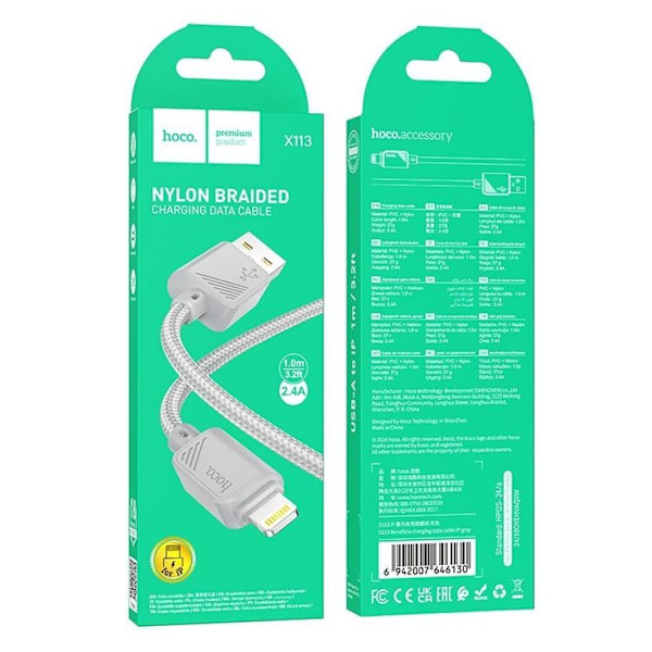 Hoco USB-A - Lightning 2.4A Kabel 1m X113 - Grå Grå