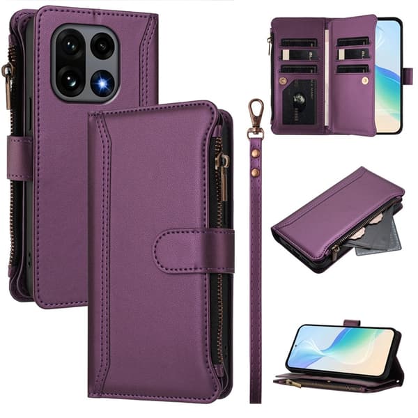 OnePlus 15 5G Plånboksfodral Zipper Konstläder Lila
