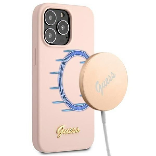 Guess iPhone 13 Pro Skal Magsafe Silicone Script Guld Logo - Rosa