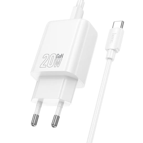 Hoco Väggladdare Type C Plus USB-C Till USB-C Kabel 20W - Vit Vit