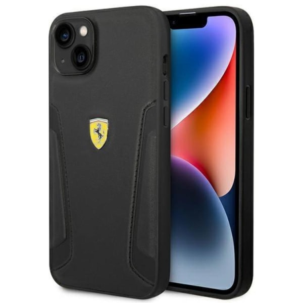 Ferrari iPhone 14 Plus -kotelo, nahkaa, Stamp Sides - musta