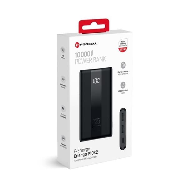 Forcell Strømbank 10000mAh 22.5W PD QC 3A Energo - Sort Svart