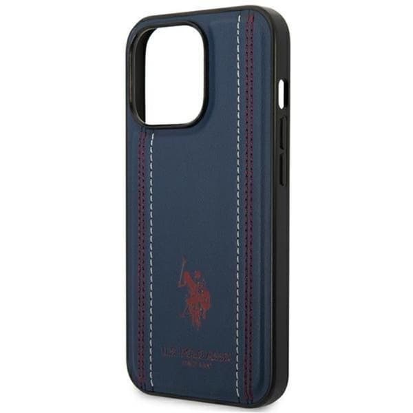 US Polo iPhone 14 Pro -kotelo nahkaompeleella - tummansininen Blå