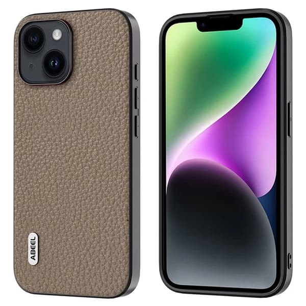 ABEEL Mobilskal till iPhone 14 Plus Äkta Läder Litchi - Khaki Brun