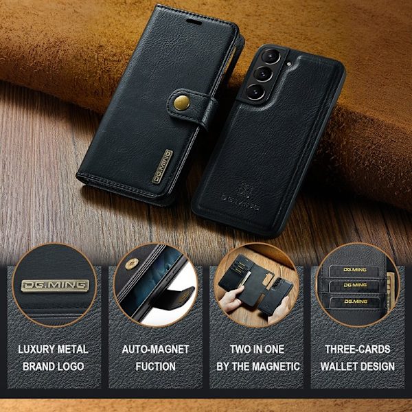 DG.MING Split Leather Äkta Läder Plånboksfodral för Samsung Galaxy S22+ - Svart