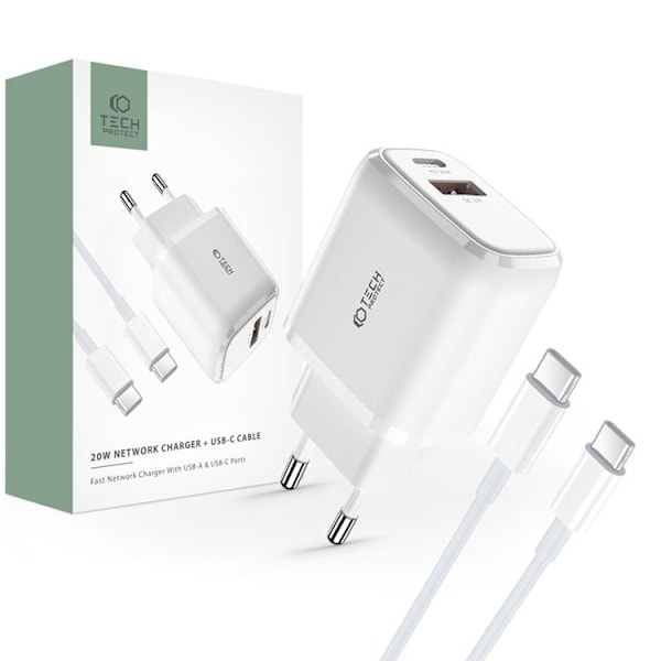 Tech-Protect Väggladdare 20W, Type-C Kabel - Vit