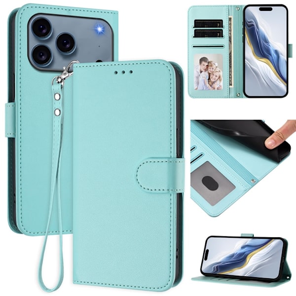 iPhone 17 Pro Plånboksfodral Läder med Handledsrem - Mintgrön Grön