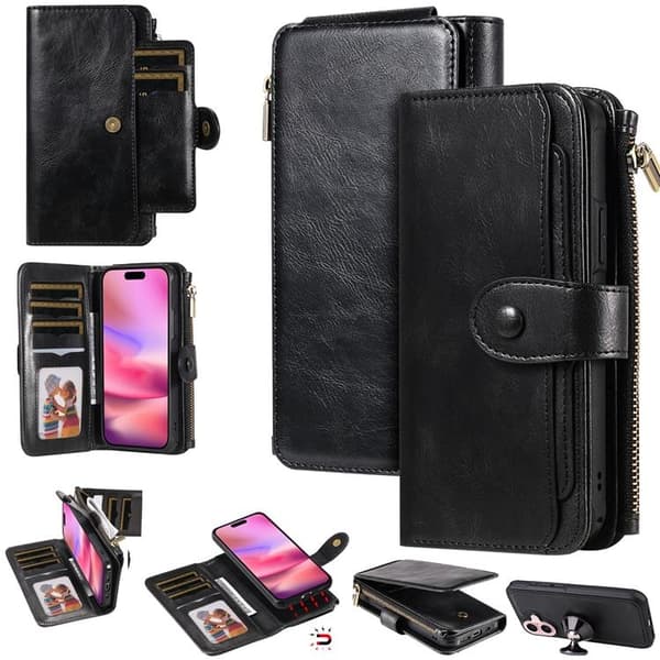 iPhone 17 Konstläder Plånboksfodral Detachable Zipper - Svart Svart