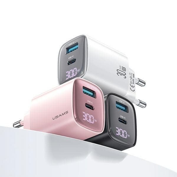 USAMS vægoplader CC229 30W GaN USB-C/USB-A XC-serie CC229TC01 - Sort