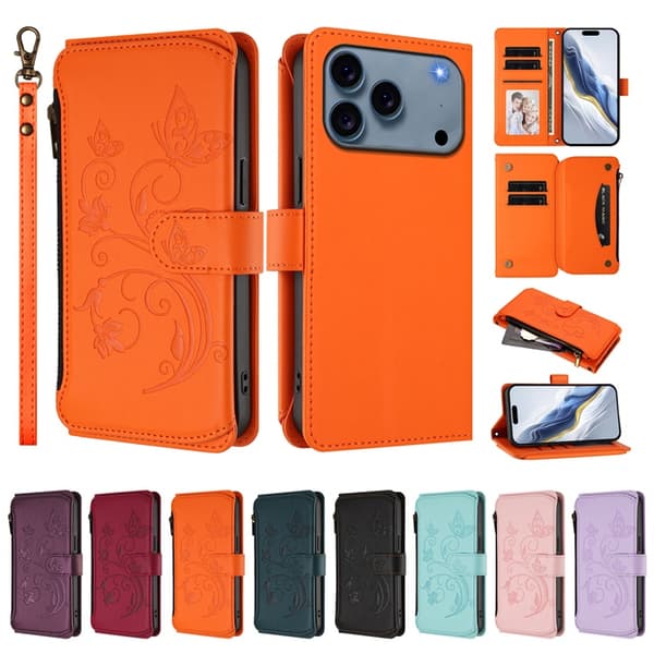 iPhone 17 Pro Max Plånboksfodral Butterfly Floral Imprint - Orange Orange