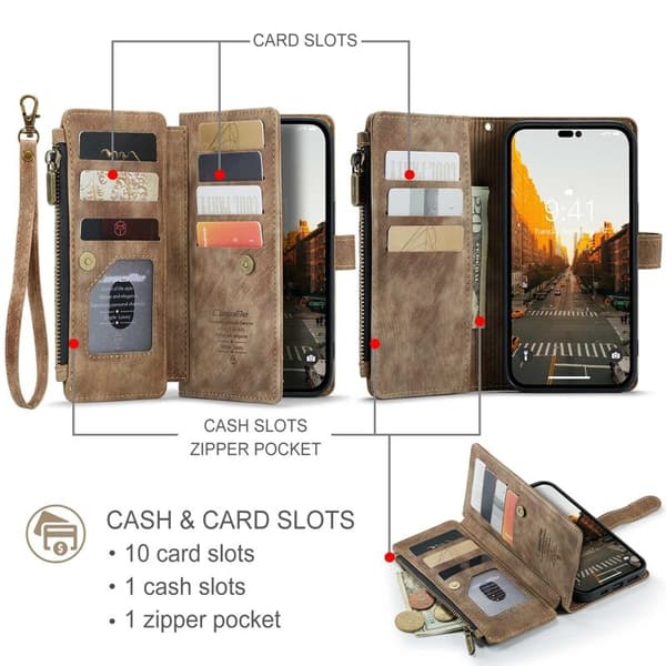 CASEME Konstläder Plånboksfodral för iPhone 14 Pro Max med rem - Brun