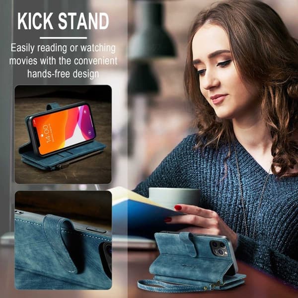 CASEME Konstläder Plånboksfodral för iPhone 12/12 Pro med rem - Blå