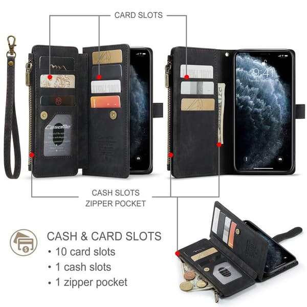 CASEME Konstläder Plånboksfodral för iPhone 11 Pro Max med rem - Svart