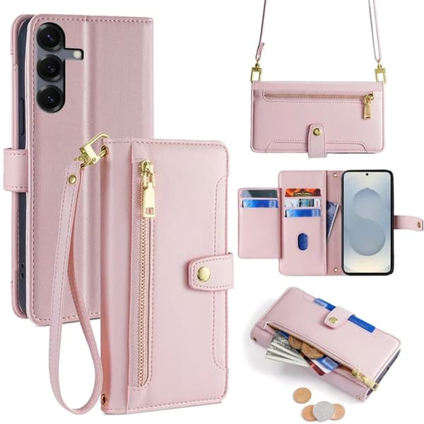 Galaxy S25 Konstläder Plånboksfodral med 2 Rem - Rosa Rosa