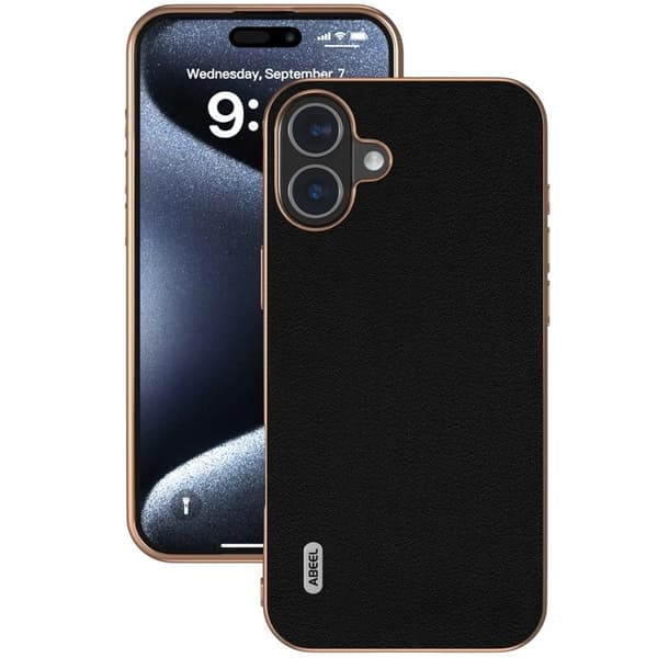 ABEEL Mobilskal till iPhone 16 Plus Electroplating Äkta Läder + PC + TPU - Svart