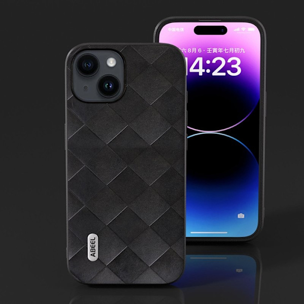 ABEEL Mobilskal till iPhone 15 Plus PU Läder Svart Grid Textur