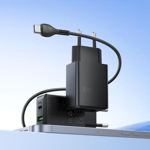 Hoco Hurtigoplader PD 30W USB-A USB-C QC3.0 AFC 3A med USB-C Kabel N71 - Sort Svart