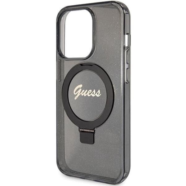 Guess iPhone 15 Pro Mobilskal Magsafe Ringställ Script Glitter Black