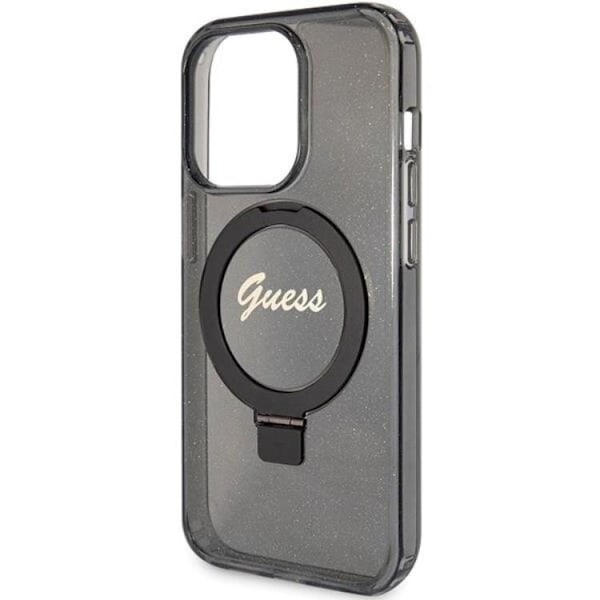 Guess iPhone 15 Pro Mobilskal Magsafe Ringställ Script Glitter Svart