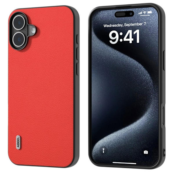 ABEEL Mobilskal till iPhone 16 Äkta Läder + PC + TPU Röd