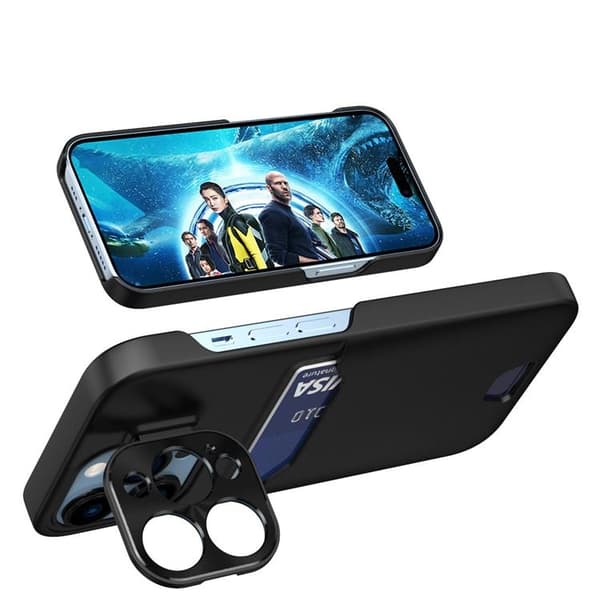 iPhone 14 Pro Max Skal Kortholder Læder Kickstand - Sort Black