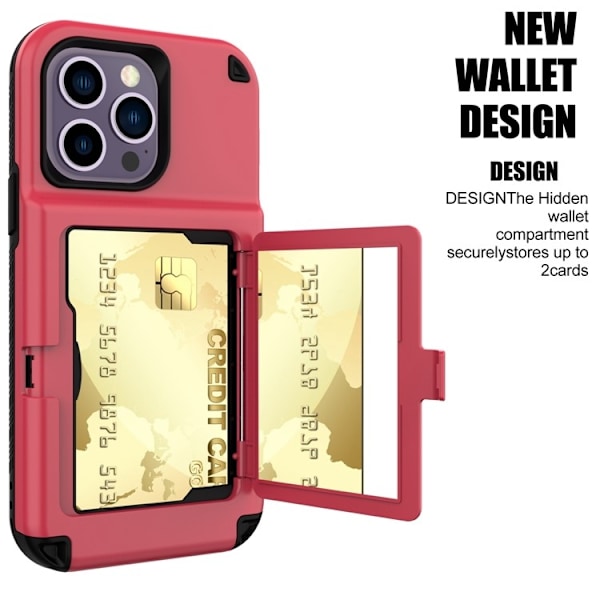 iPhone 14 Pro Max Skal Korthållare Mirror Kickstand - Röd