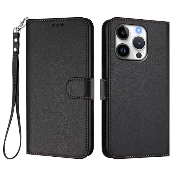 iPhone 16 Pro Max Plånboksfodral Läder med Handledsrem - Svart Svart