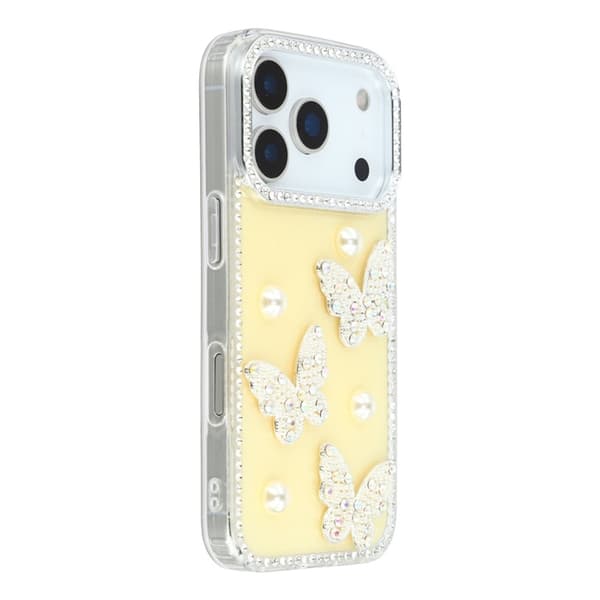 Mobilskal till iPhone 17 Pro Rhinestone Edge Pearl Butterfly Gul