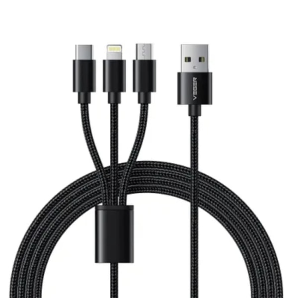 Veger USB Til Type-C/Lightning Kabel (1,2m) 3in1 - Sort