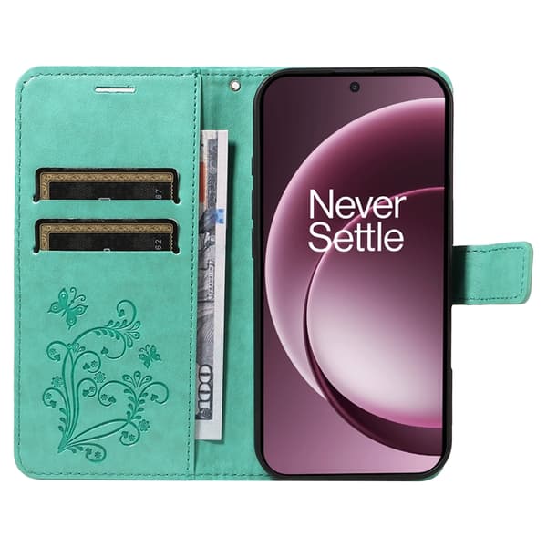 OnePlus 15 5G Konstläder Plånboksfodral Floral Butterfly Imprinted Grön